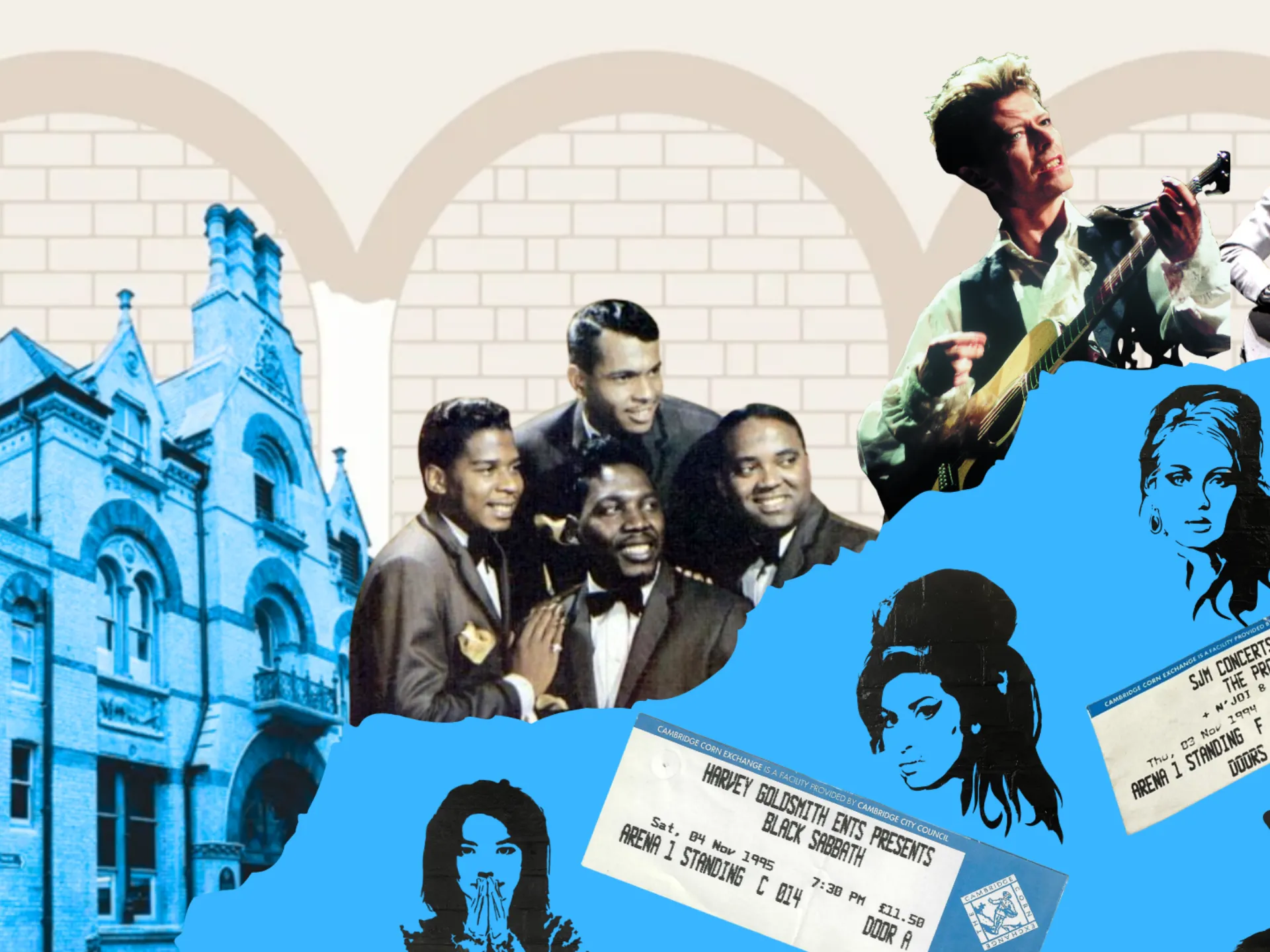 Graphic image shows full coloured graphic collage on a blue background including blue tinted photographic image of the Cambridge Corn Exchange building, coloured photographic image of David Bowie, black and white photographic image of Ray Davies from The Kinks, black and white photographic image of The Four Tops, two Cambridge Corn Exchange tickets and a black four black grafitti stencilled images of Amy Winehouse, Adele, Lemmy (from Motorhead) and Bjork.