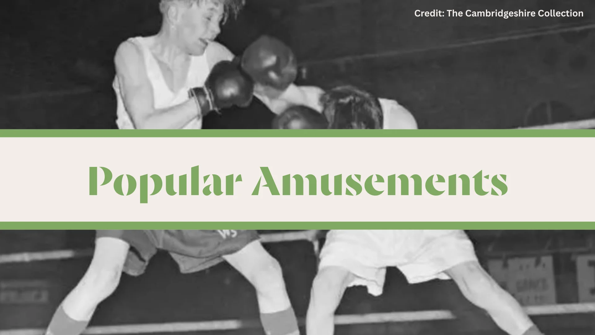 An old black and white photograph of teenagers boxing with the title "Popular Amusements".